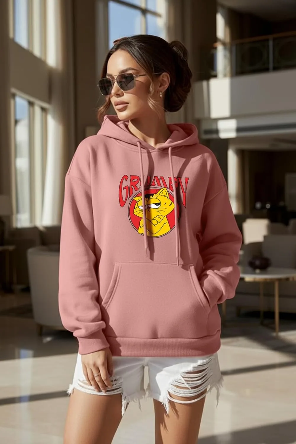 Buy JUNEBERRY® Polycotton Spun Oversized Fit Drop Shoulder Hooded Sweatshirt Full Sleeves Front Graphic Printed Jumper Hoodie for Women (OS_JB_HD_GRP_PP_XXL) Pale Pink at nearme.com.np image 7